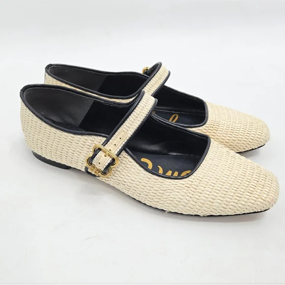Sam Edelman Michaela Raffia Square Toe Ballet Flats Linen Ivory - Picture 2 of 13